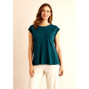 J Jill Wearever Top Cap Sleeves Split Hemline Center Seam Teal Green Stretch - M